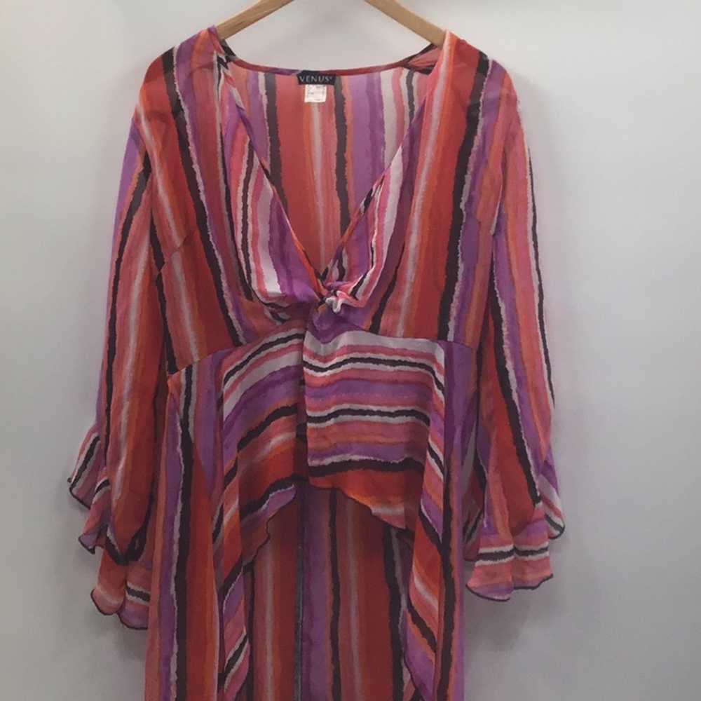 VENUS Red and Pink Flutter Sleeve Asymmetrical Blouse